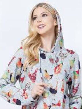 Women's Floral Bird-Print Hoodie Sweatshirt - Light Gray